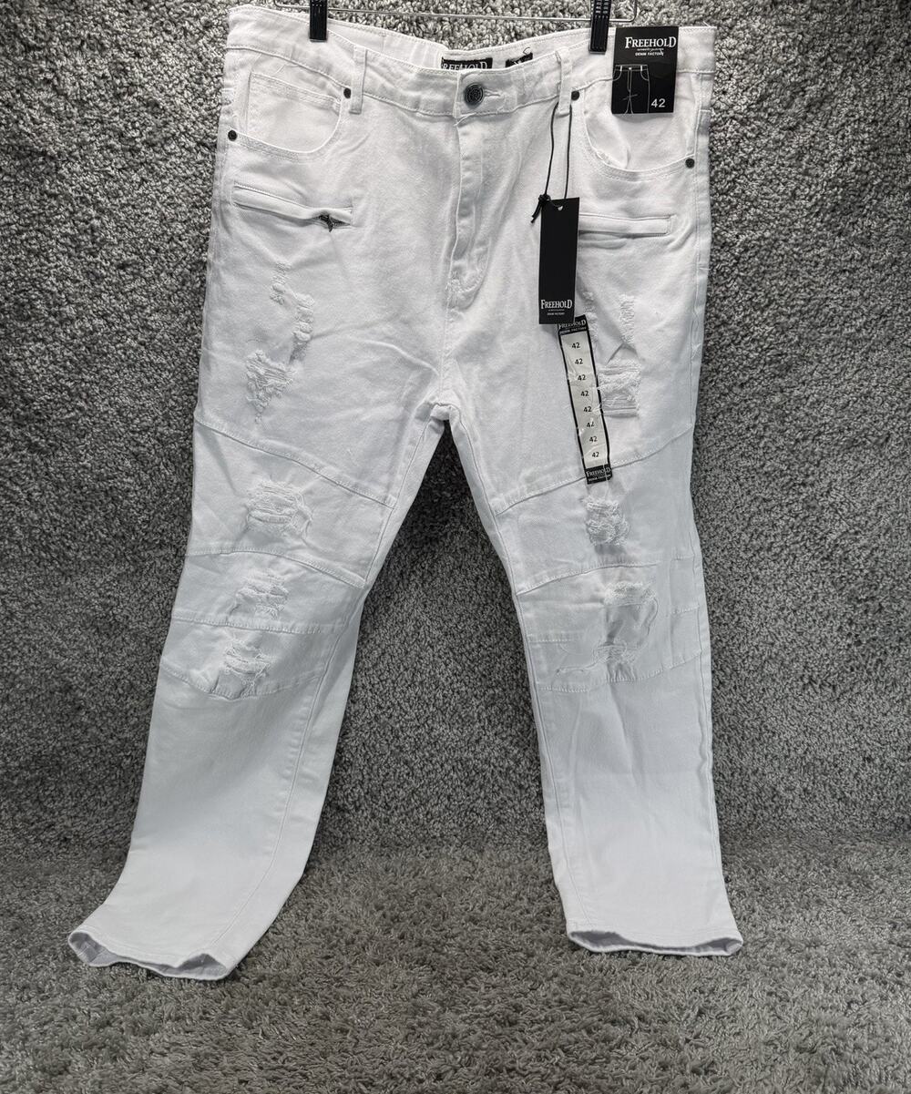 Waimea Men White Biker Jeans Skinny Fit Distressed Ripped Moto Twill Pants Sz 42